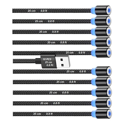 Magnetic Charging Cable 10pcs,Just Short USB Cables No Magnetic Charging Tips,[0.6~0.8ft/20~25cm,2.4 A Max) i Style Nylon Braid Cord,Compatibility Charger Station/Mobile Power&More Devices (Black)
