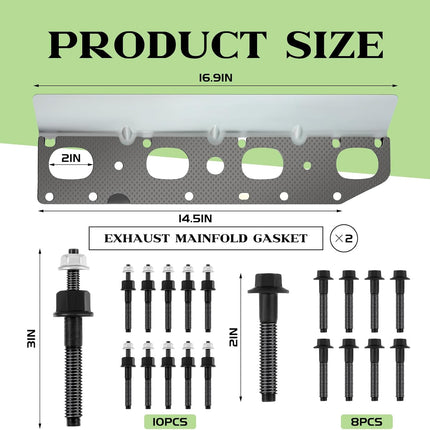 Exhaust Manifold Gasket Set with Bolts and Studs Exhaust Manifold Hardware Gasket Kit Compatible with Ram 5.7l with Bolt Studsv8 2009-2020 1500 2500 3500 Engines(Complete Left + Right)