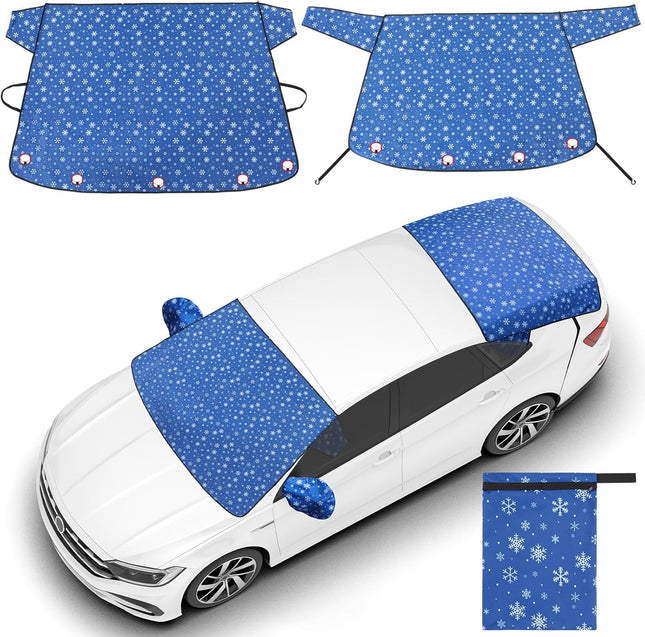 2 Pcs Windshield Cover for Ice and Snow Set Blue Snowflake Heavy Duty 600d Oxford V1258-DP02-C-3075