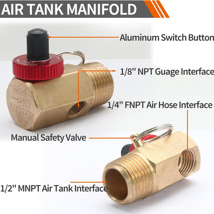 3pcs Air Tank Repair Valve Kit with Safety Valve, 0-200 PSI Pressure Gauge,4 Feet Air Tank Hose and Thread Seal Tape for Portable Gas Tank, Set of 1