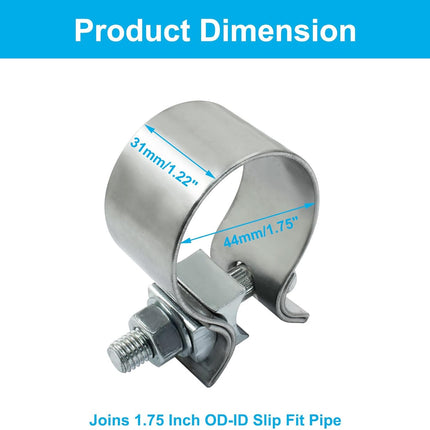 1.75 inch Exhaust Clamp 1 3/4" Stainless Steel Narrow Band Muffler Clamp, 2Pcs