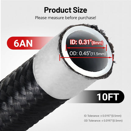6AN PTFE Fuel Hose Line, AN6 Fuel Line E85 Nylon Braided 10FT Black 5/16 Inch ID