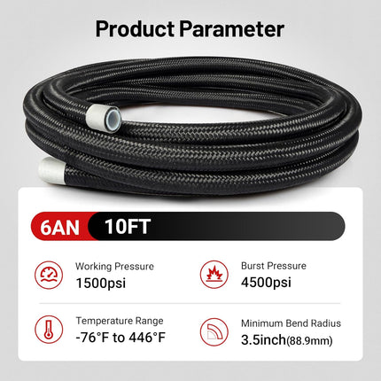 6AN PTFE Fuel Hose Line, AN6 Fuel Line E85 Nylon Braided 10FT Black 5/16 Inch ID
