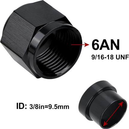 6AN Female Hardline Tube Nut & Sleeve Aluminum Fitting for 3/8" OD Alloy Tubing 2PCS