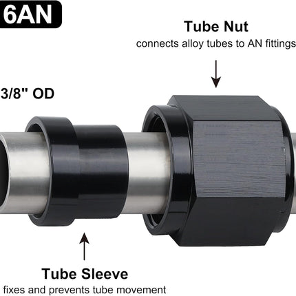 6AN Female Hardline Tube Nut & Sleeve Aluminum Fitting for 3/8" OD Alloy Tubing 2PCS