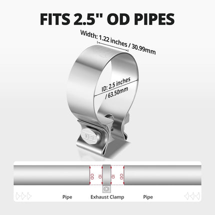 2.5 Inch Exhaust Clamp, 2 1/2" Narrow Band Muffler Clamp Stainless Steel for Pipes, Mufflers, Catalytic Converters 2PCS