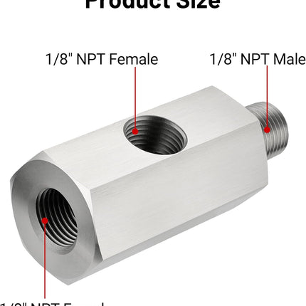 1/8 NPT Oil Pressure Sensor Tee Adapter, Stainless Steel 1/8 NPT Female to Male Threaded Oil Pressure Adapter with 1/8 NPT Female Port, Sliver