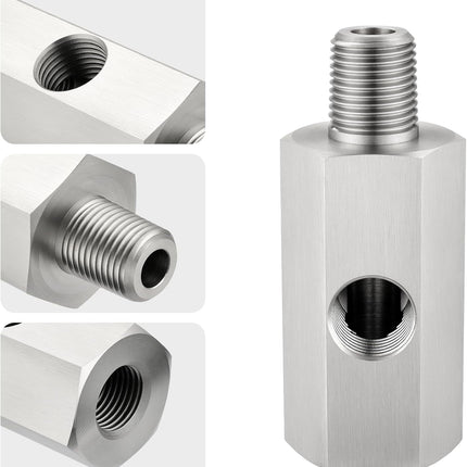 1/8 NPT Oil Pressure Sensor Tee Adapter, Stainless Steel 1/8 NPT Female to Male Threaded Oil Pressure Adapter with 1/8 NPT Female Port, Sliver