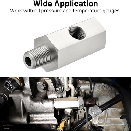 1/8 NPT Oil Pressure Sensor Tee Adapter, Stainless Steel 1/8 NPT Female to Male Threaded Oil Pressure Adapter with 1/8 NPT Female Port, Sliver