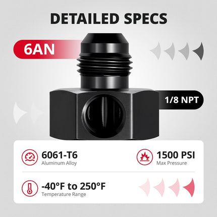 6AN Male Flare to -6 Female Swivel with 1/8" NPT Gauge Port Fuel Pressure Take off Fitting Adapter Aluminum 2PCS