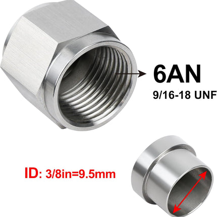 6AN Female Hardline Tube Nut and Sleeve Fitting Stainless Steel for 3/8" OD Alloy Tubing 2PCS
