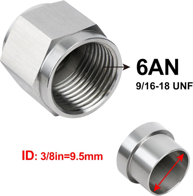 6AN Female Hardline Tube Nut and Sleeve Fitting Stainless Steel for 3/8 OD Alloy Tubing 2PCS – product detail