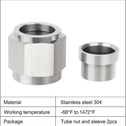 6AN Female Hardline Tube Nut and Sleeve Fitting Stainless Steel for 3/8" OD Alloy Tubing 2PCS