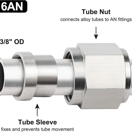 6AN Female Hardline Tube Nut and Sleeve Fitting Stainless Steel for 3/8" OD Alloy Tubing 2PCS