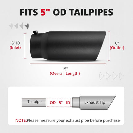 5" to 6" Diesel Exhaust Tip for Trucks, Universal Bolt-On, Black Powder Coated Stainless Steel, 15" Length