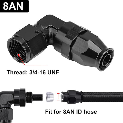 8AN PTFE Hose End Fitting 90 Degree Black Tight Radius Aluminum for Teflon Hose Only