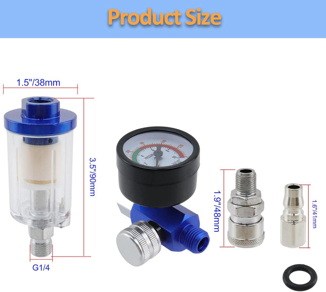 Air Pressure Regulator Oil Water Separator Air Filter with Pressure Gauge Coupler and Plug G1/4 Inlet and – product detail