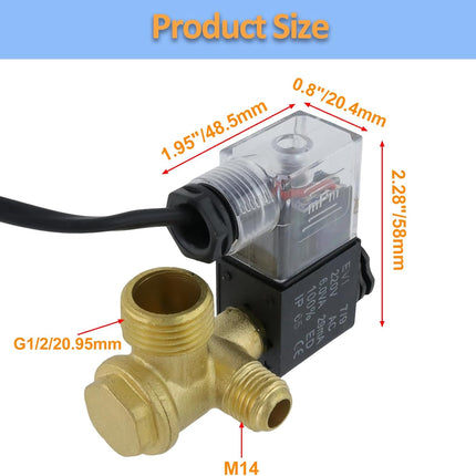 Electric Solenoid Air Valve Normally Closed 220V AC, 29mA Solenoid Valve for Air Compressor, G1/2 to M14