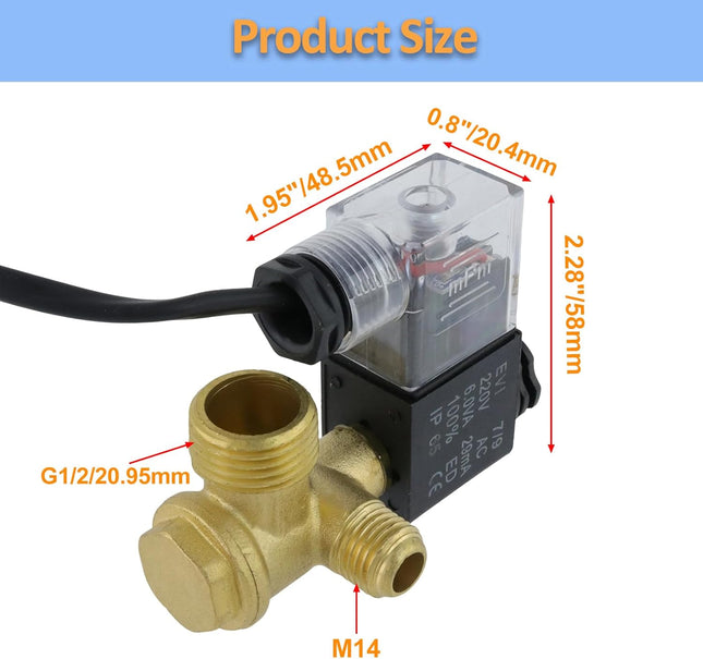 Electric Solenoid Air Valve Normally Closed 220V AC 29mA Solenoid Valve for Air Compressor G1/2 to M14 – product detail