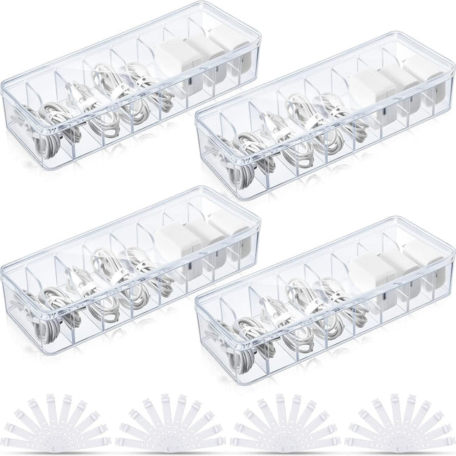 4 Pcs Cable Organizer Box with Wire Ties Plastic Cord Storage Box with Lid Electronics Organizer