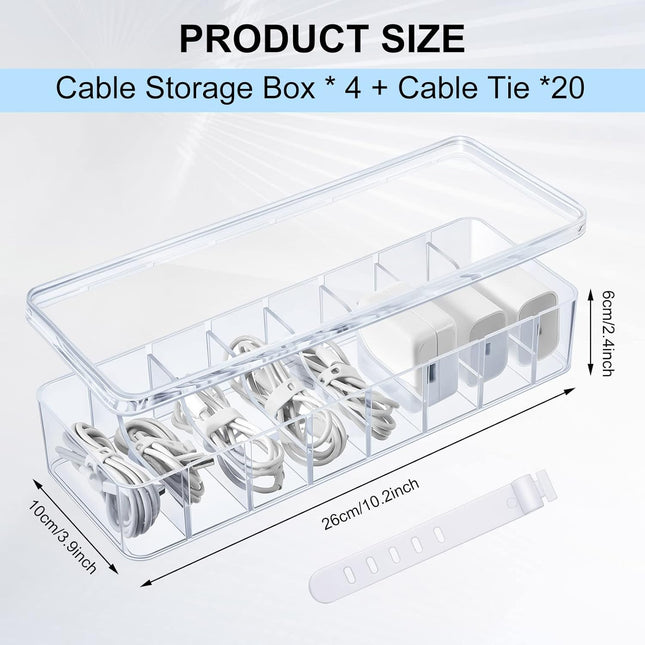 4 Pcs Cable Organizer Box with Wire Ties Plastic Cord Storage Box with Lid Electronics Organizer – product detail