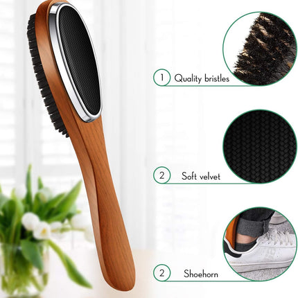 2 Pieces 3 in 1 Lint Cloth Brush Double Sided Garment Brush Lint Remover Shoe Horn Beech Wood Handle for Clothes Wool Coat Couch Pet Hair, Random Color