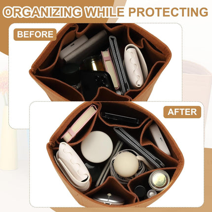 Purse Organizer Insert, 8" x 8" Portable Felt Organizer Bags Round Multiple Compartments Purse Liner for Bucket Bag, Domed Satchel, Tote Bag, Handbag Shaper, Camel