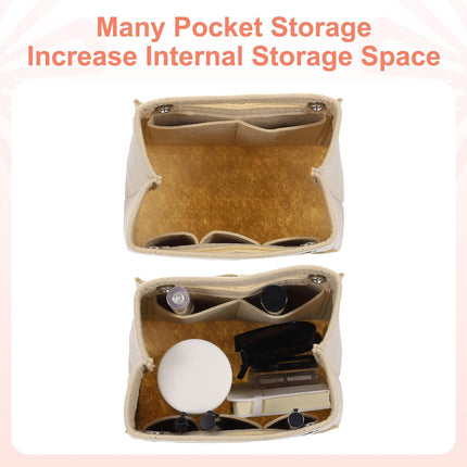 Purse Organizer Insert, Portable Felt Organizer Bags with Snap Multiple Compartments Purse Liner for Domed Satchel, Tote Bag, Handbag Shaper (7" x 4" x 6.3", Beige)