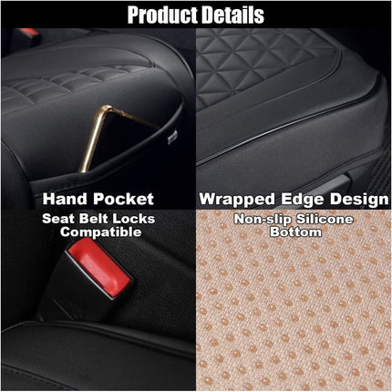 Leather Car Seat Cover, Auto Front Bottom Seat Cover Luxury Car Seat Protector Anti-Slip Waterproof Cushion Cover with Storage Pocket, for Most Cars, Trucks, SUVs (Black)
