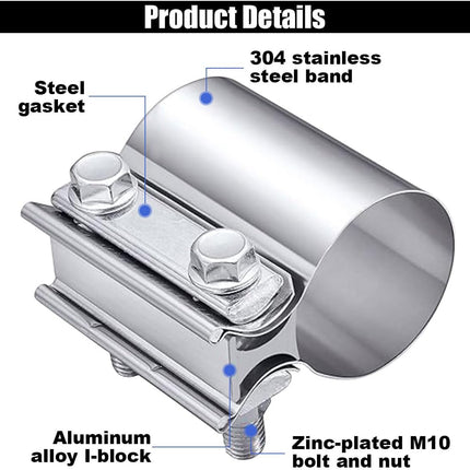 2PCS 2.25" Exhaust Clamp, Butt Joint Pipe Muffler Band Sleeve Coupler, Stainless Steel, for Pipes, Mufflers and Catalytic Converters (2.25inch)