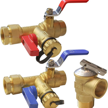 3/4-Inch IPS Isolator Tankless Water Heater Service Valve Kit with Pressure Relief Valve, Clean Brass