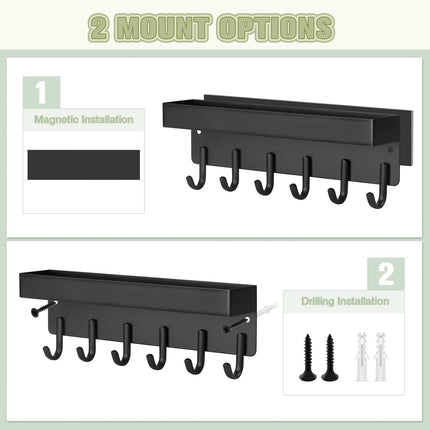 Magnetic Key Holder Wall Mount, Compact Metal Key Rack with Tray, 6 Hooks, 2 Mount Options, Black