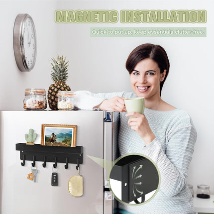 Magnetic Key Holder Wall Mount, Compact Metal Key Rack with Tray, 6 Hooks, 2 Mount Options, Black