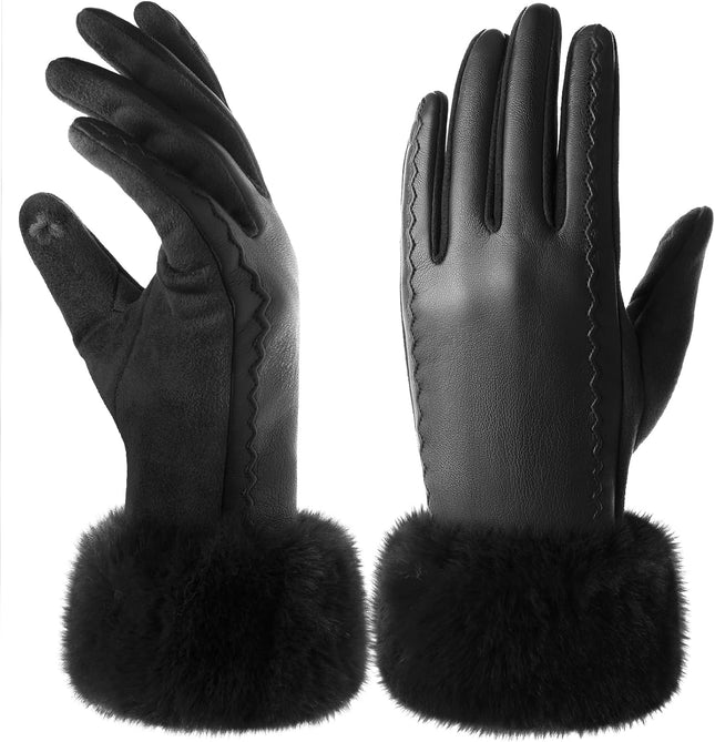 Leather Gloves for Women Warm Winter Gloves Women with Plush Cuff Touchscreen Womens Gloves for Cold Weather
