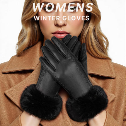 Leather Gloves for Women, Warm Winter Gloves Women with Plush Cuff, Touchscreen Womens Gloves for Cold Weather
