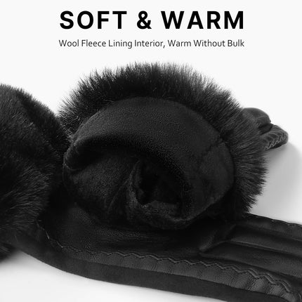 Leather Gloves for Women, Warm Winter Gloves Women with Plush Cuff, Touchscreen Womens Gloves for Cold Weather