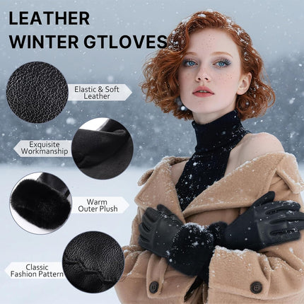 Leather Gloves for Women, Warm Winter Gloves Women with Plush Cuff, Touchscreen Womens Gloves for Cold Weather