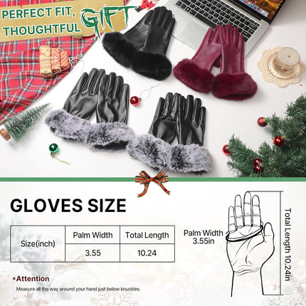 Leather Gloves for Women, Warm Winter Gloves Women with Plush Cuff, Touchscreen Womens Gloves for Cold Weather