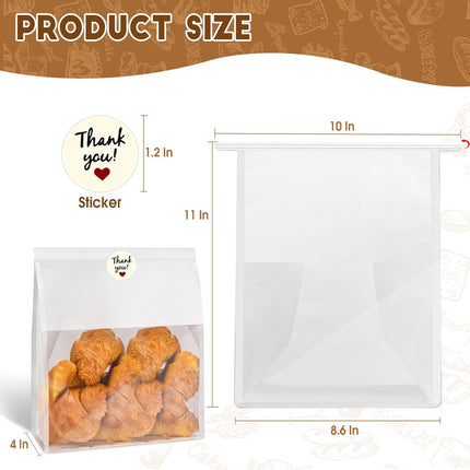 60pcs Bakery Bags with Thank You Stickers,11x8.6x4 inches Sourdough Bread Bags with Tin Tie Tab Lock Smoother Paper Bakery Bags with Clear Window for Homemade Bread, Baked Food Packaging Storage