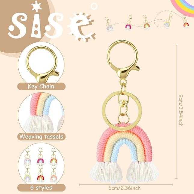 Landhoow 6 Pcs Boho Rainbow Keychains Bulk Women Macrame Rainbow Key Chains Mini Tassel Keychains Car