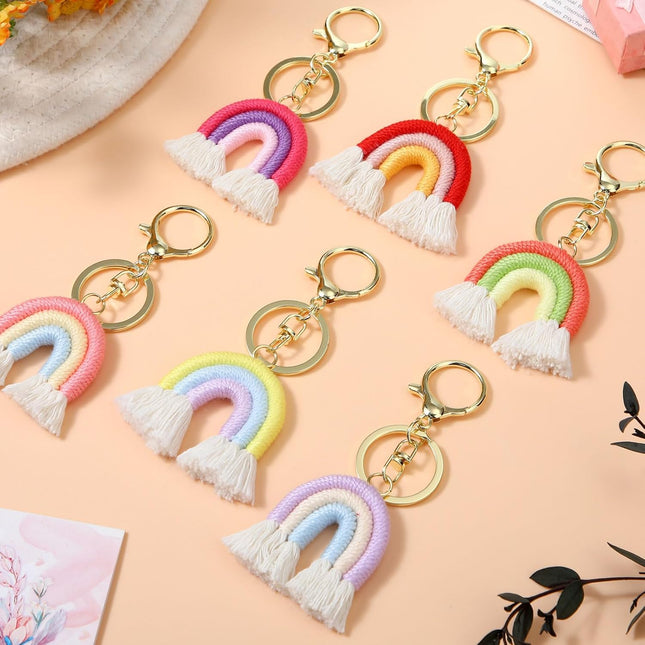 Landhoow 6 Pcs Boho Rainbow Keychains Bulk Women Macrame Rainbow Key Chains Mini Tassel Keychains Car – product detail