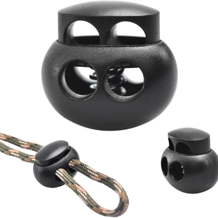 25pcs Spring Cord Lock End Stopper Fastener Slider Toggles Clip Double Hole Round Plastic for Drawstrings Lanyard Paracord Elastic Bungee Shock Cord Rope Shoe Lace Tie Locks Shoelace Lace Lock