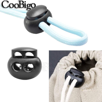 25pcs Spring Cord Lock End Stopper Fastener Slider Toggles Clip Double Hole Round Plastic for Drawstrings Lanyard Paracord Elastic Bungee Shock Cord Rope Shoe Lace Tie Locks Shoelace Lace Lock