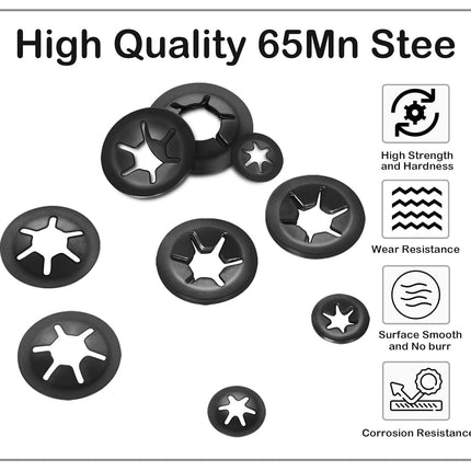 M12 Internal Tooth Star Lock Washers, Quick Speed Locking Washers, Steel Black Finish Push on Locking Washer, Speed Retaining Clips Fasteners, 50 PCS