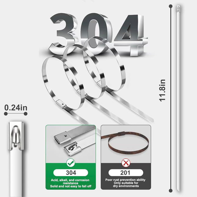 100-Pack Metal Zip Ties 11.8 inch Heavy Duty 304 Stainless Steel Self-Locking Cable Ties for – product detail