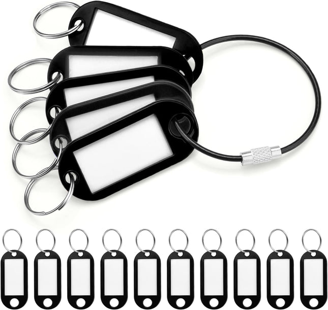 CooBigo 10 Pack Plastic Key Tags with Labels and Split Ring Black Cable Key Ring and Key Labels for Keys