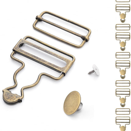 CooBigo 6 Sets Metal Overalls Buckles, 1-1/2" Overall Replacement Clasp Clips with Adjustable Tri Glide Slide Buckle and Buttons for Jeans Suspender, Bib Pants DIY Sewing Accessories (Bronze)