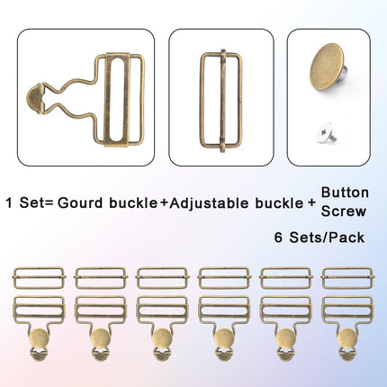 CooBigo 6 Sets Metal Overalls Buckles, 1-1/2" Overall Replacement Clasp Clips with Adjustable Tri Glide Slide Buckle and Buttons for Jeans Suspender, Bib Pants DIY Sewing Accessories (Bronze)