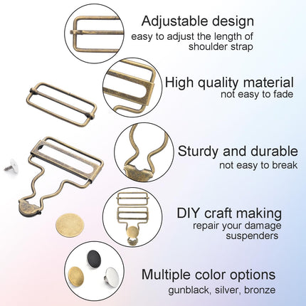 CooBigo 6 Sets Metal Overalls Buckles, 1-1/2" Overall Replacement Clasp Clips with Adjustable Tri Glide Slide Buckle and Buttons for Jeans Suspender, Bib Pants DIY Sewing Accessories (Bronze)