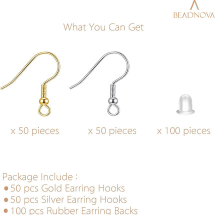 200pcs Mix Earring Hooks & Backs, Silver & Gold, 100pcs Hooks & 100pcs Backs, DIY Earring Supplies